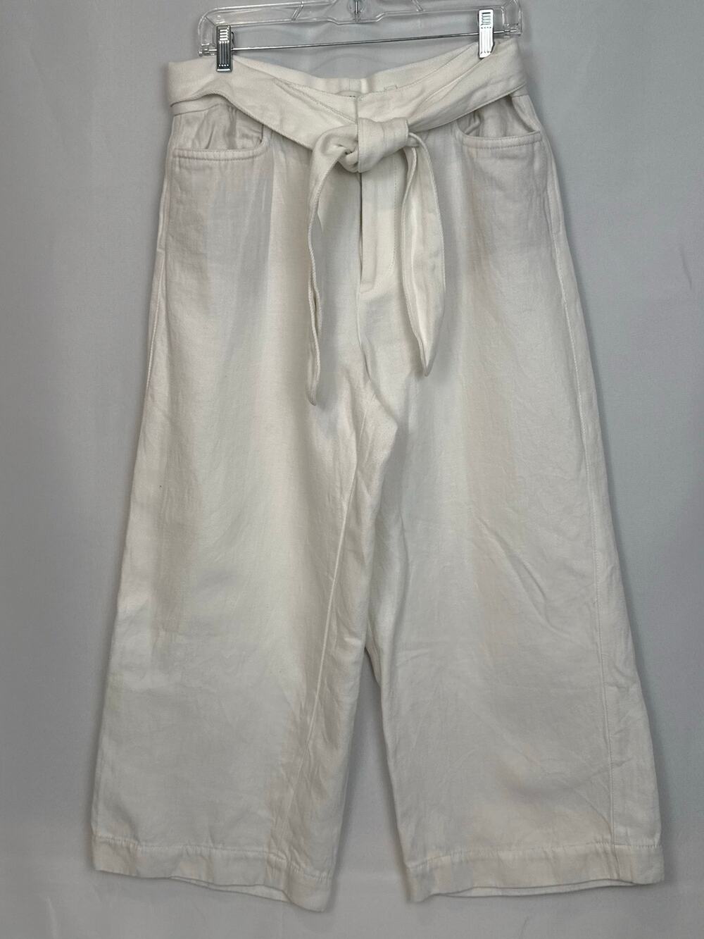 Vince Wide Leg Crop Pant Tie Waist Size 12 Ivory Cotton Linen